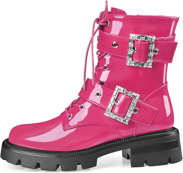 Cool Hot Pink Buckle Detail Round Toe Combat Ankle Boots (PRE-ORDER)