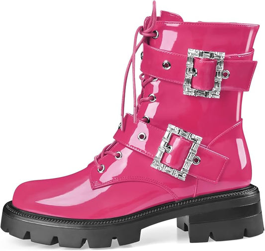 Cool Hot Pink Buckle Detail Round Toe Combat Ankle Boots (PRE-ORDER)