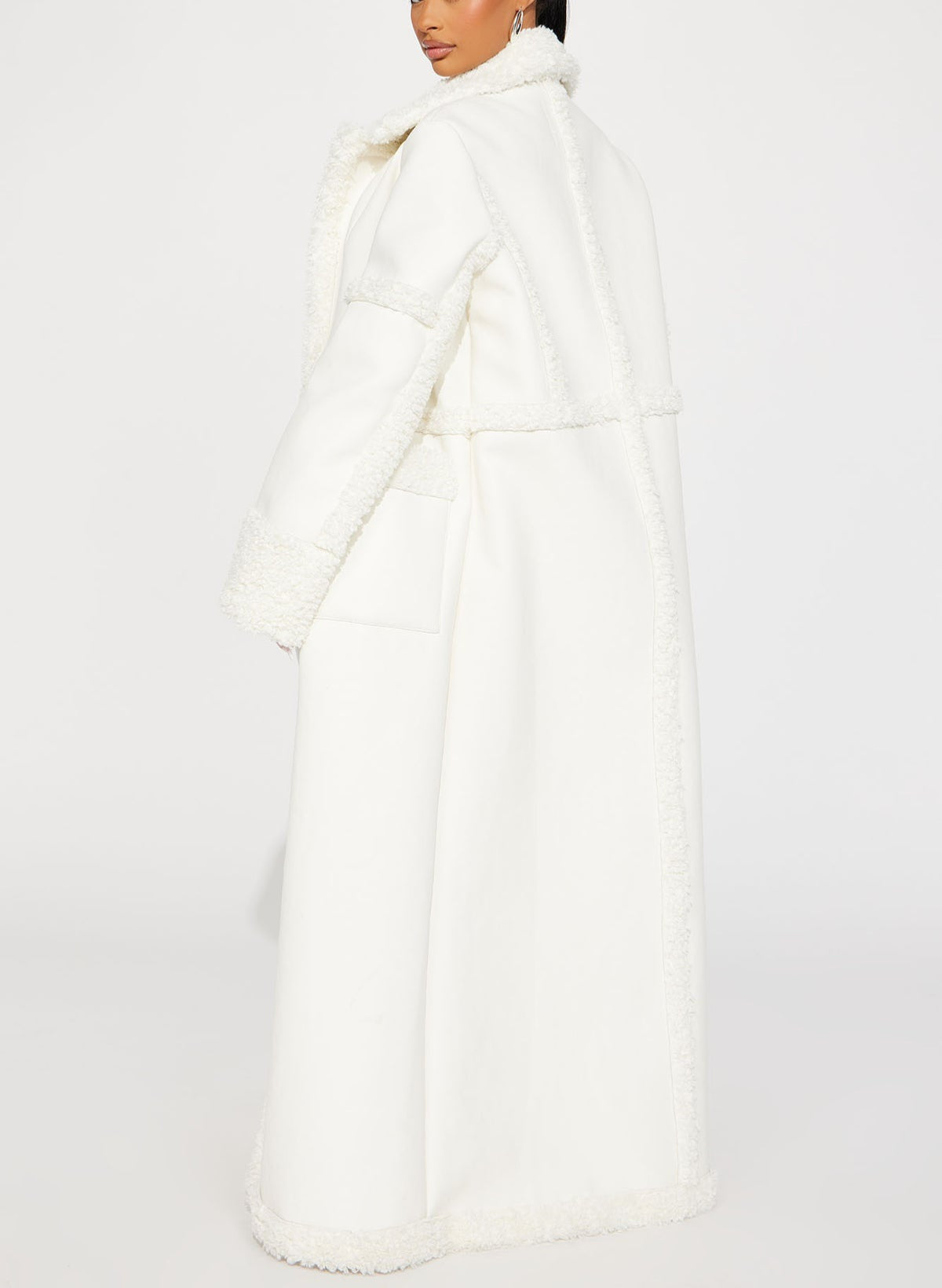 Luxe Ivory White Faux Leather Faux Shearling Trim Maxi Coat