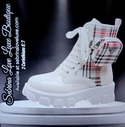 Cute White British Plaid Cargo Detail Combat Boots (PRE-ORDER ITEM)