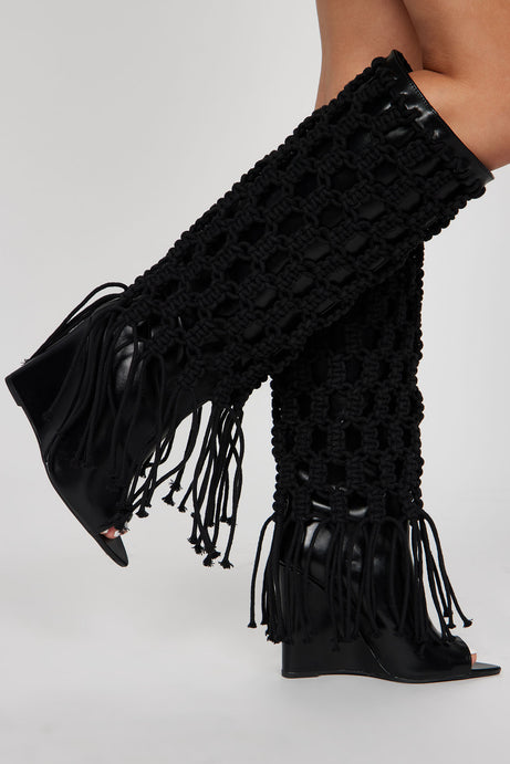 Rich Deep Black Boho Festival Macrame' Knee Boots