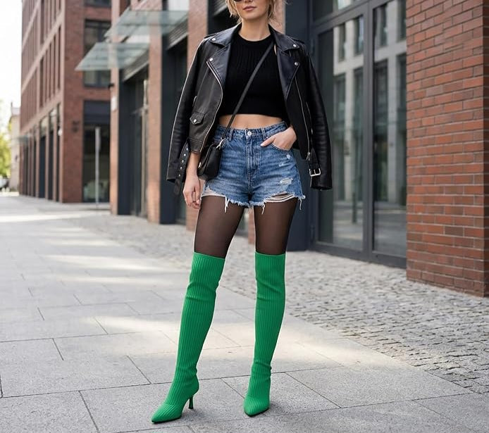 Chic Kelly Green Sweater Knit Thigh Boots