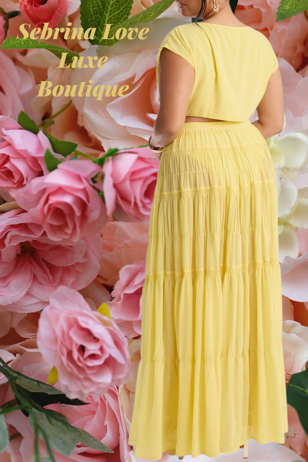 Romantic Yellow Chiffon Plus Crop Top & Maxi Skirt Dress Set