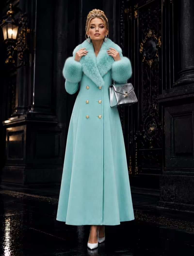 Luxe Ocean Aqua Blue Mint Green Faux Fur Trim Midi Coat