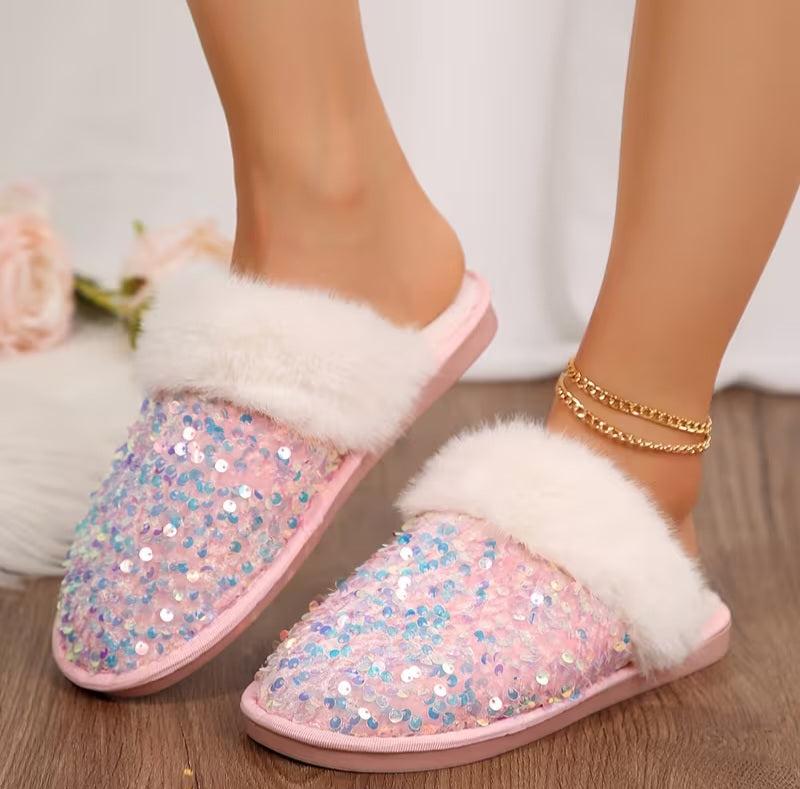 Sparkling Iridescent Pink Sequin Women's Loungewear Slipper Shoes