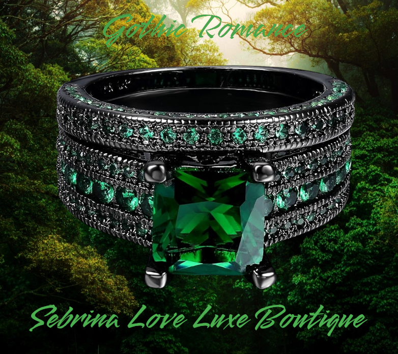 Gorgeous Gothic Romance Green CZ Engagement Ring & Wedding Band Set