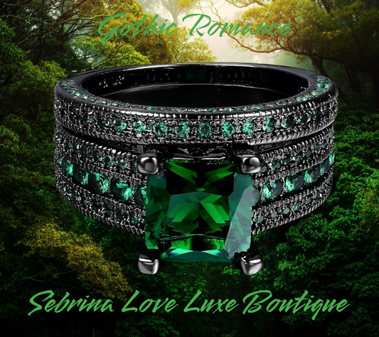 Gorgeous Gothic Romance Green CZ Engagement Ring & Wedding Band Set