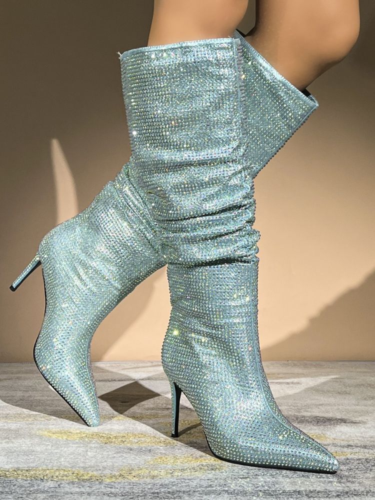 Light Blue Rhinestone Crystal Diamante Knee Boots