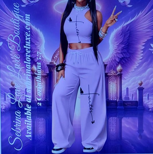 "FAITH" 2pc Graphic Lavender & Black Tank Top & Wide Leg Jogger Set
