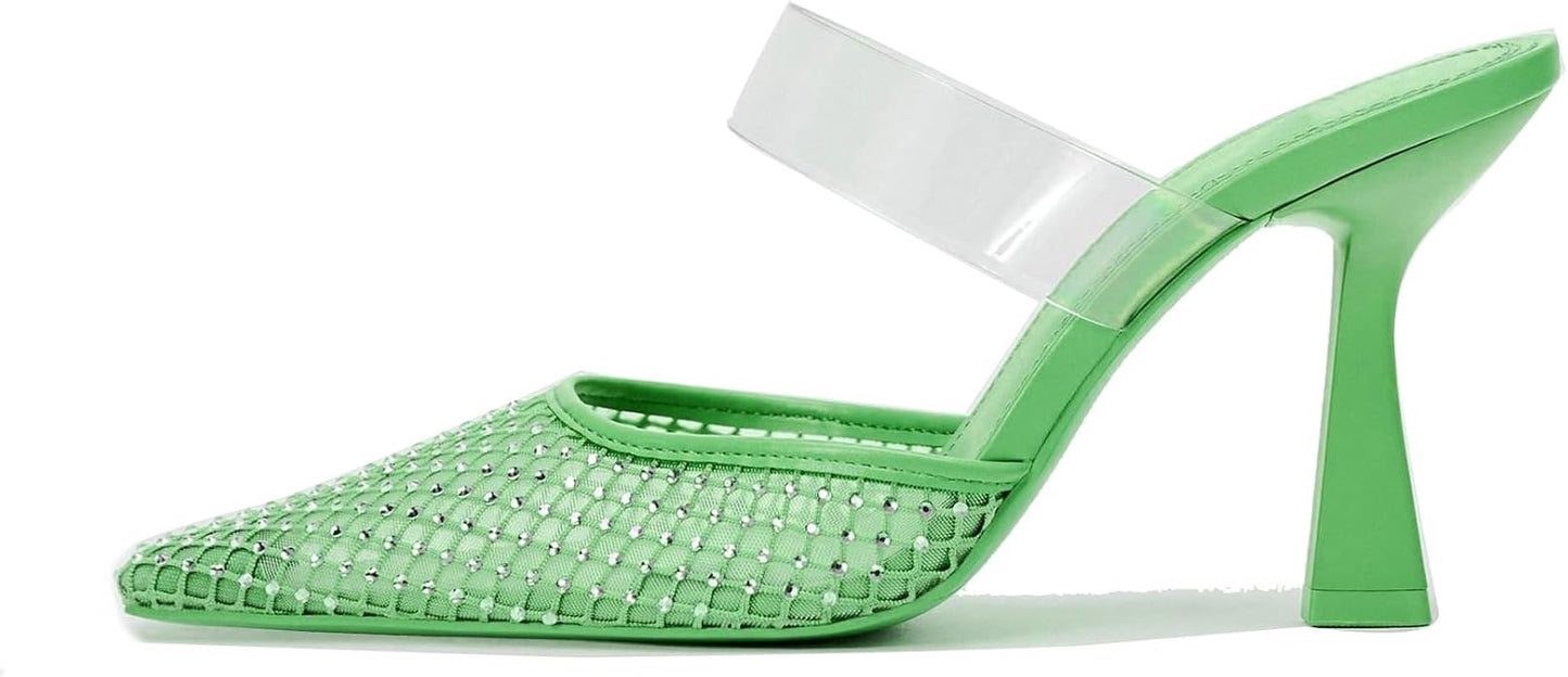 Sexy Green Rhinestone Crystal Diamante Mesh Mule Heels