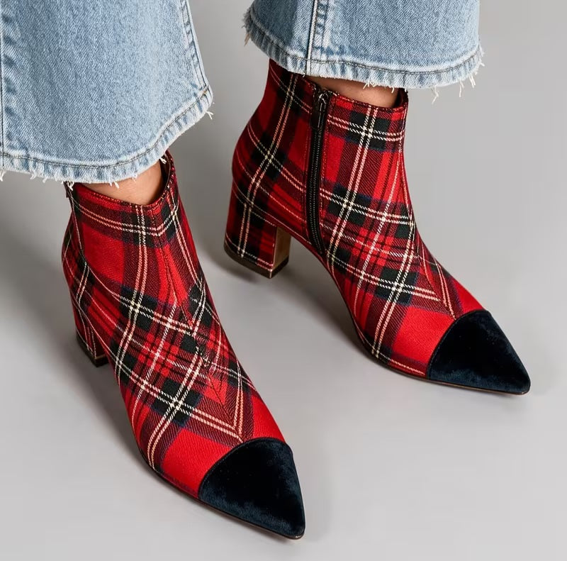 Scottish Inspired Red Stewart Plaid Velvet Toe Ankle Boots