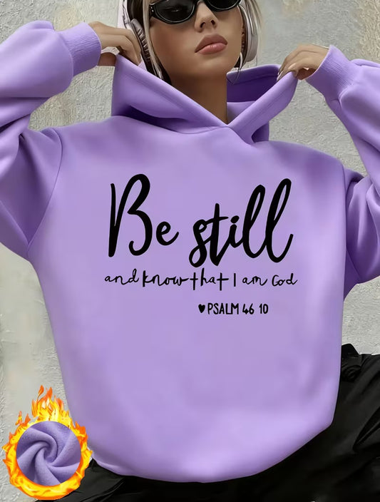 "BE STILL AND KNOW THAT I AM GOD" Graphic Soft Lavender & Black Scripture Hoodie Sweatshirt