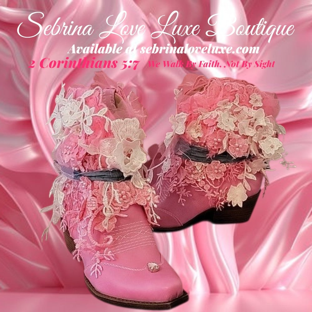 "OAKLEE" Pink & White Lace Western Ankle Boots