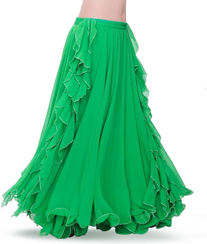Romantic Green Chiffon Ruffled Boho Maxi Skirt