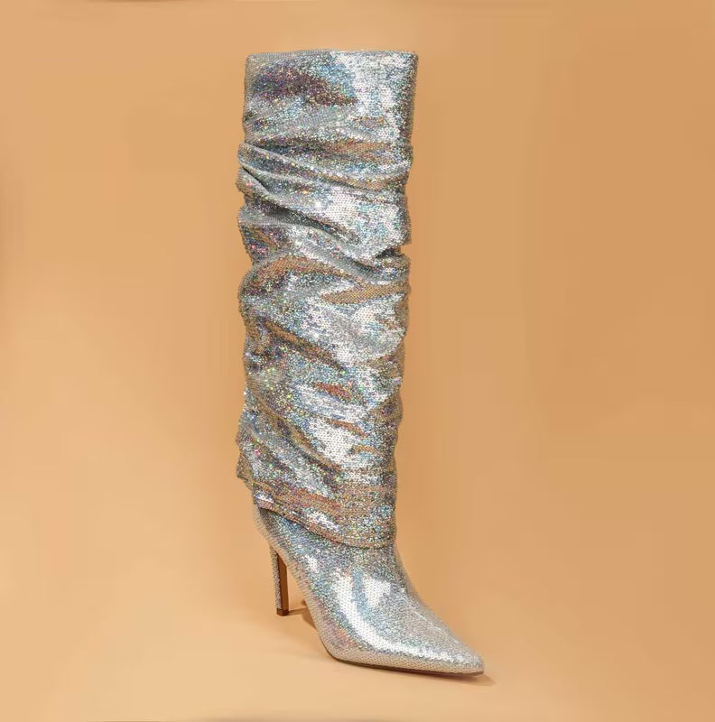 Sexy Metallic Silver Sparkly Slouchy Knee Boots