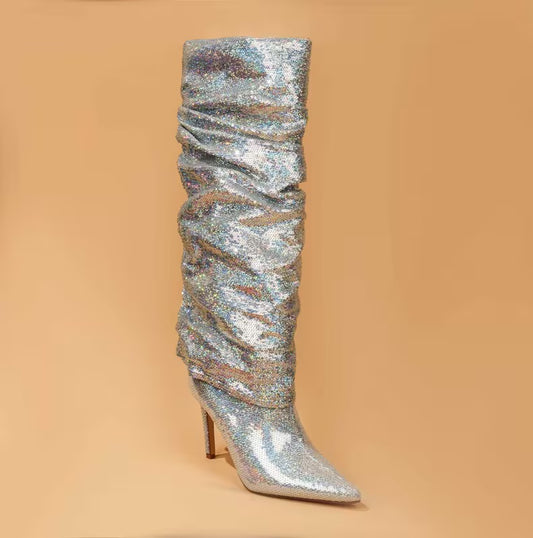 Sexy Metallic Silver Sparkly Slouchy Knee Boots