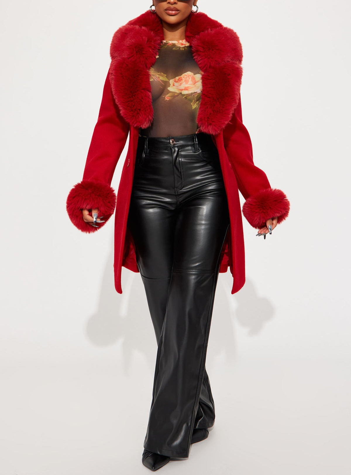 Luxe Red Faux Fur Trim Midi Coat