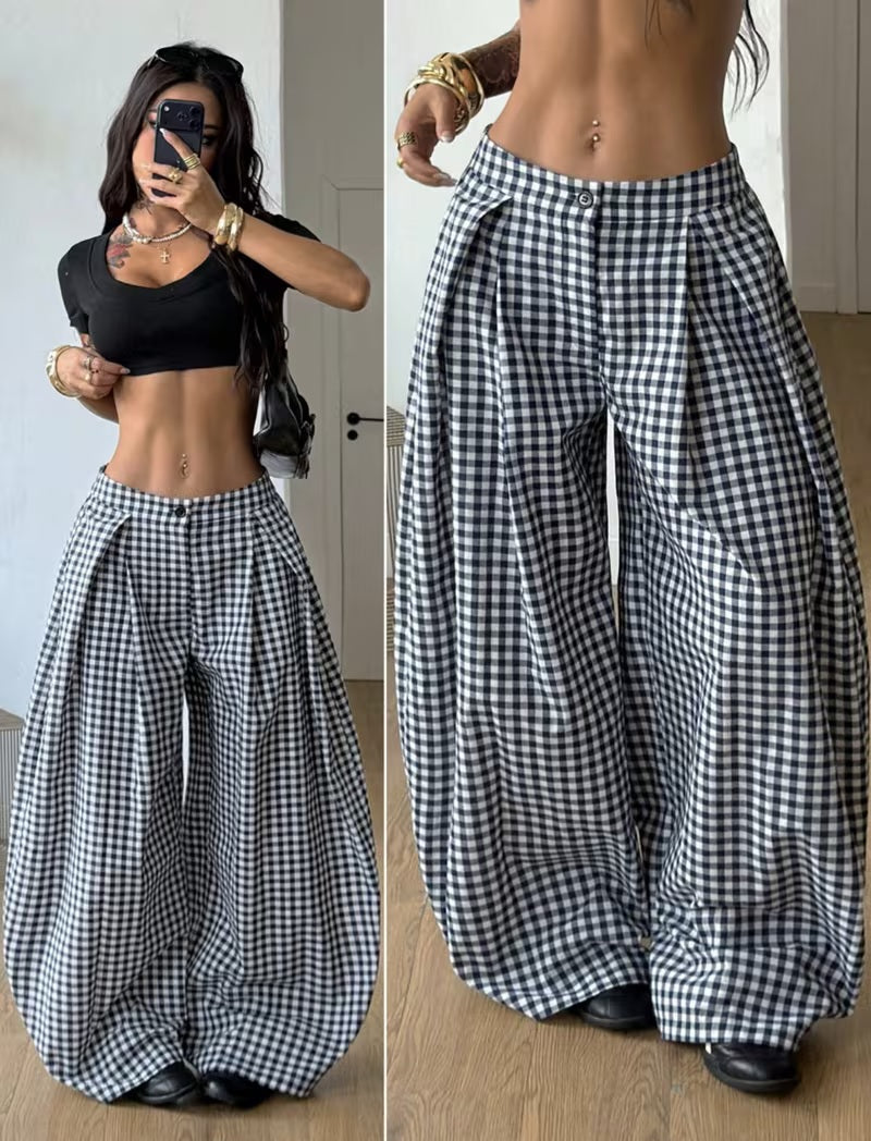 Chic Black & White Houndstooth Print Wide Leg Pants