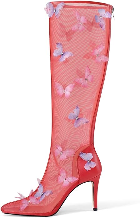 Beautiful Ethereal Red Mesh Butterfly Embellished Knee Boots