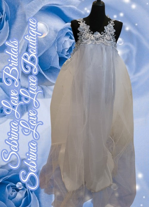 "HEAVENLY" White & Ice Blue Lace & Sequin & Tulle Wedding Ballgown & Headpiece Set