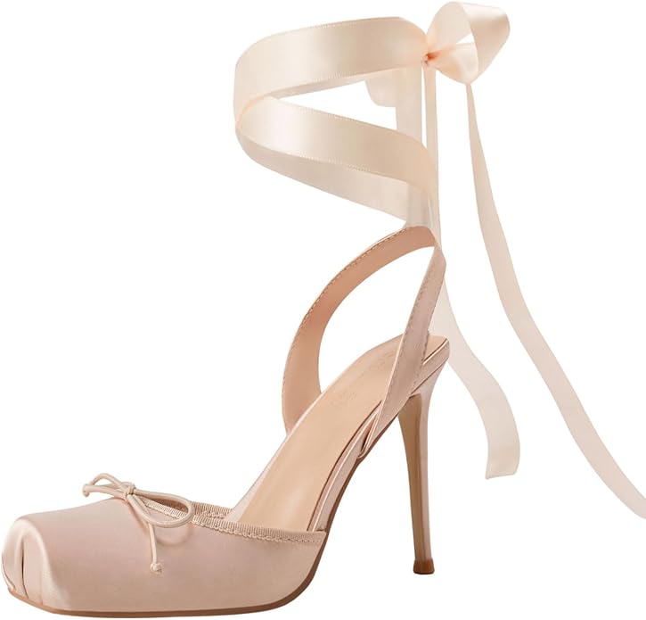 Elegant Romantic Nude Blush Satin Ribbon Ankle Tie Ballerina Heels
