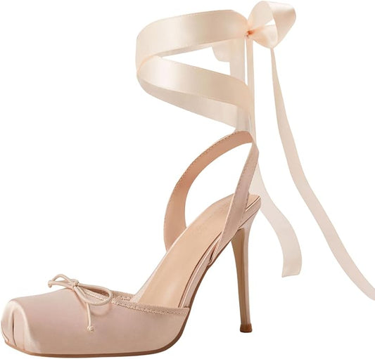 Elegant Romantic Nude Blush Satin Ribbon Ankle Tie Ballerina Heels