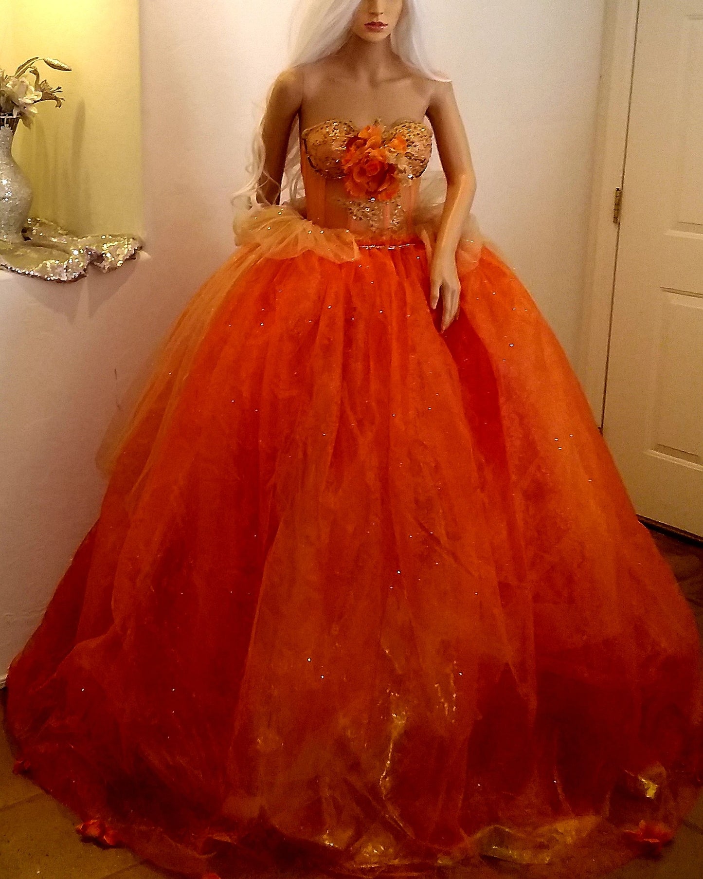 The "AUTUMN" Crystal Orange & Embroidered Lace Boho Festival Wedding Ballgown Set (Custom Order)