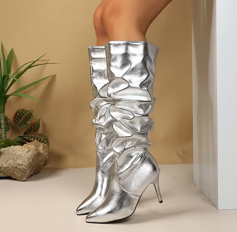 Beautiful Silver Metallic Slouchy Boots