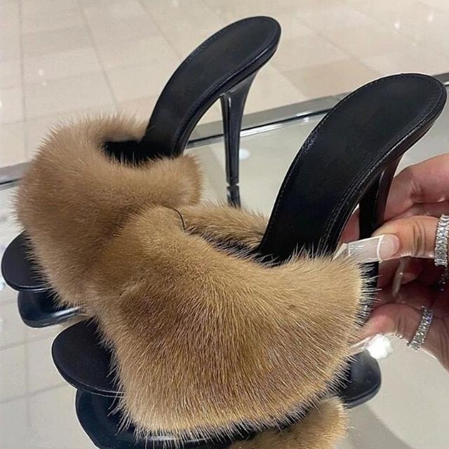 Sexy Taupe Faux Fur Mules