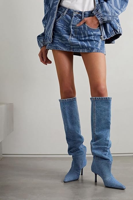 Chic Blue Denim Kitten Heel Knee Boots