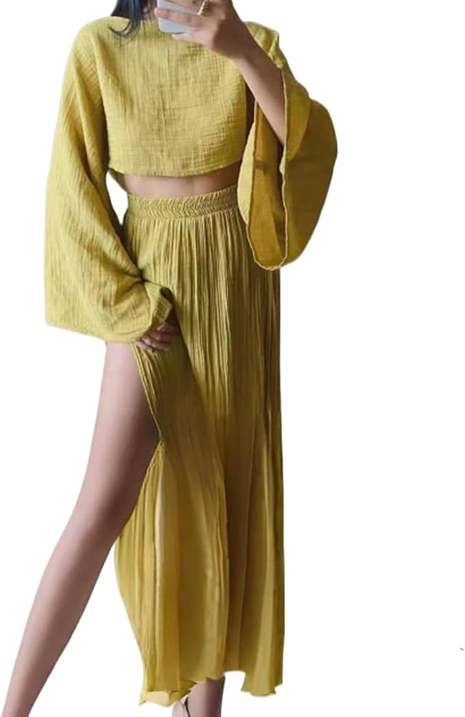 Boho Mustard Yellow Gold 2 Piece Crop Top & Maxi Skirt Set