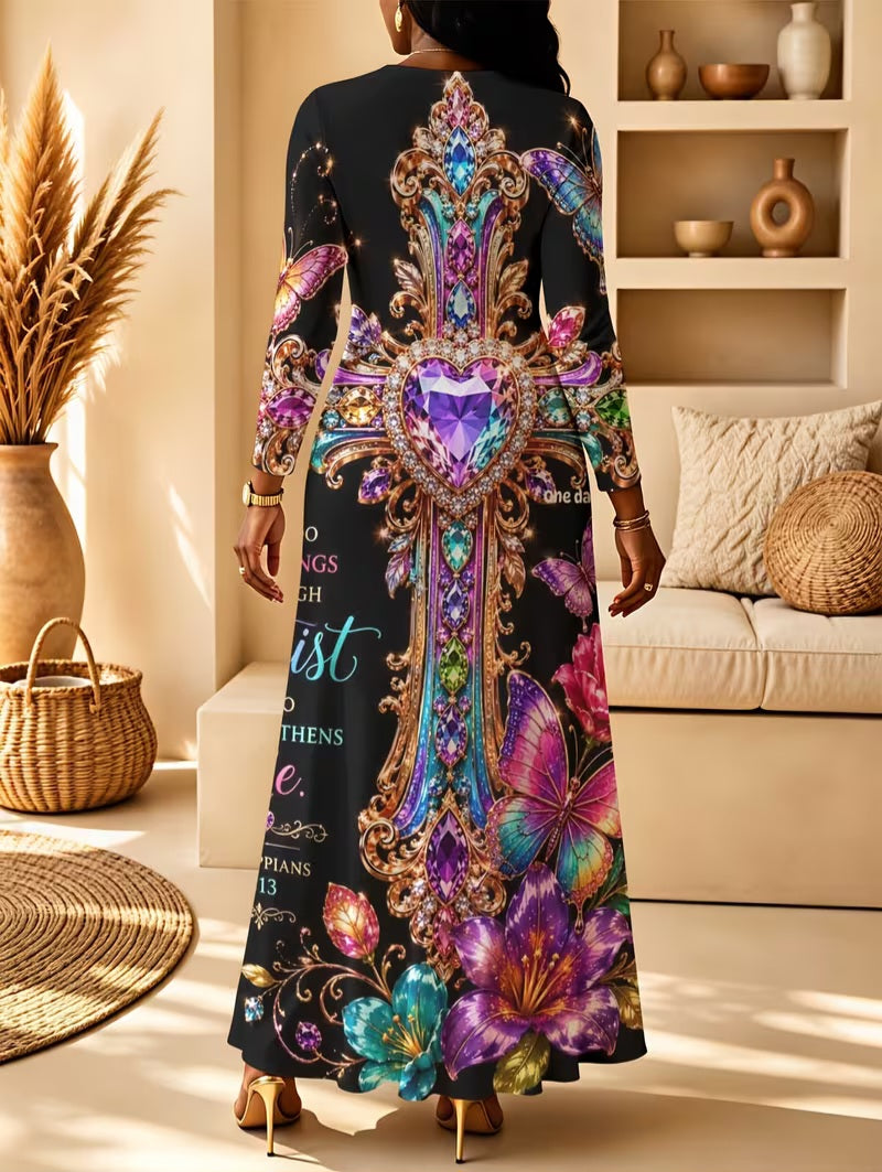 "I CAN DO ALL THINGS THROUGH CHRIST" Black & Pink Multicolor Inspirational Scripture Maxi Dress