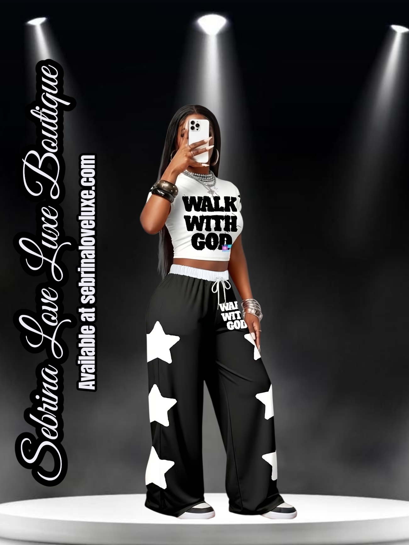 "WALK WITH GOD" 2pc Graphic Black & White T-Shirt & Wide Leg Jogger Set