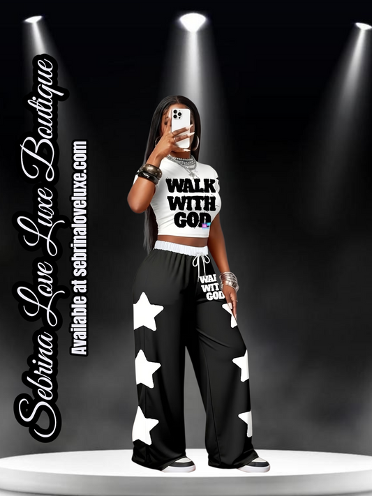 "WALK WITH GOD" 2pc Graphic Black & White T-Shirt & Wide Leg Jogger Set