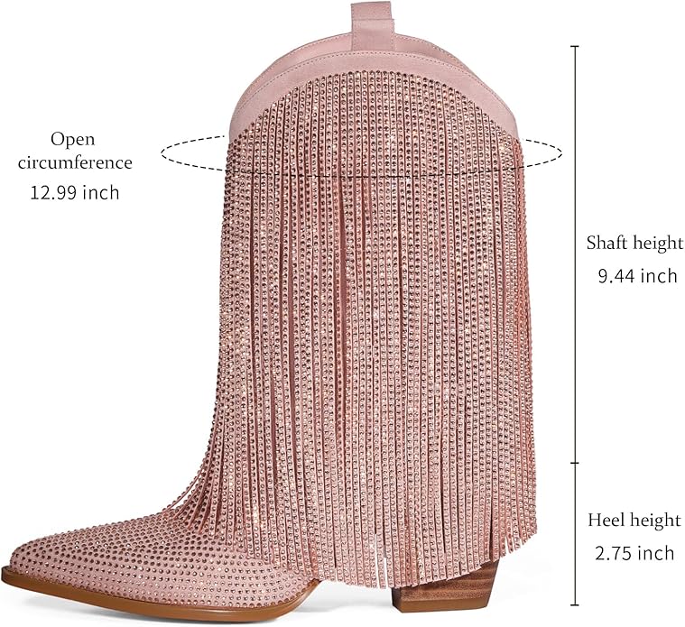 Beautiful Champagne Pink Boho Festival Rhinestone Crystal Diamante Fringe Western Boots