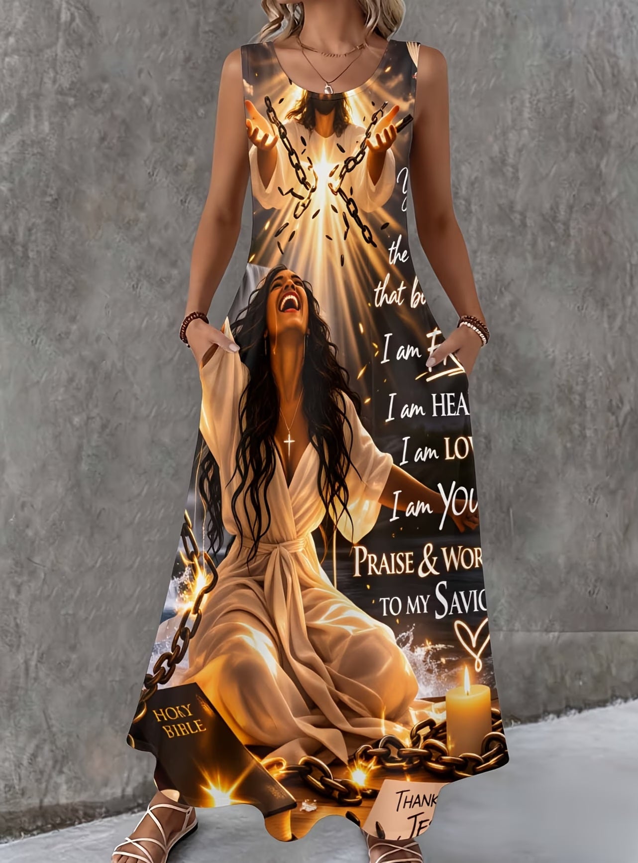"JESUS BREAKING CHAINS" Black & Gold Inspirational Scripture Maxi Dress