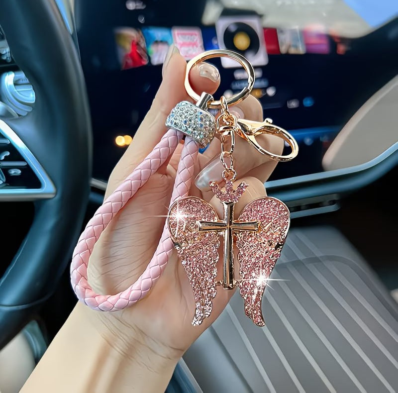 Beautiful Christian Pink Rhinestone Crystal Angel Wings & Cross Key Chain