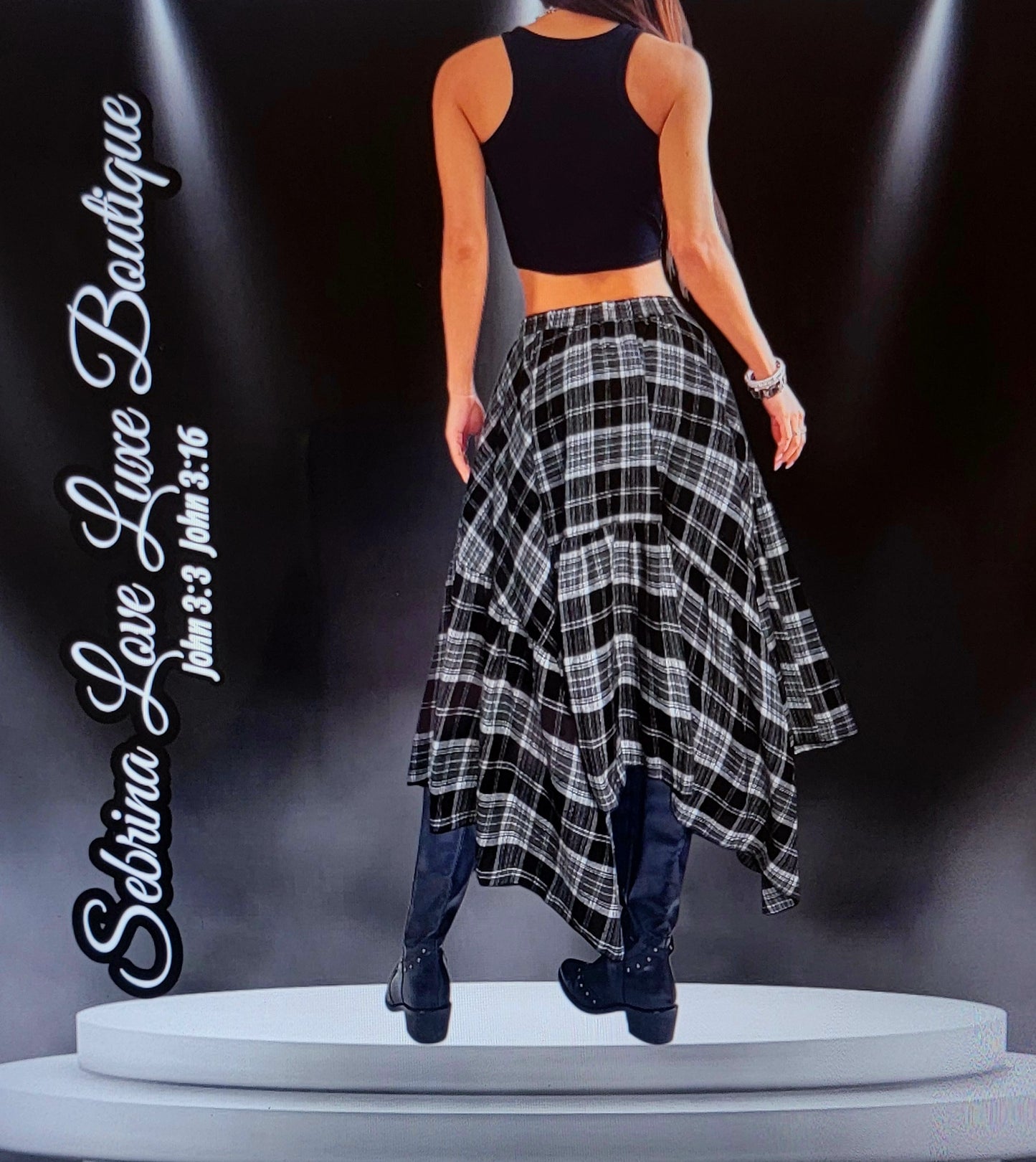 Grunge Goth Black & White Plaid Asymmetrical Handkerchief Midi Skirt