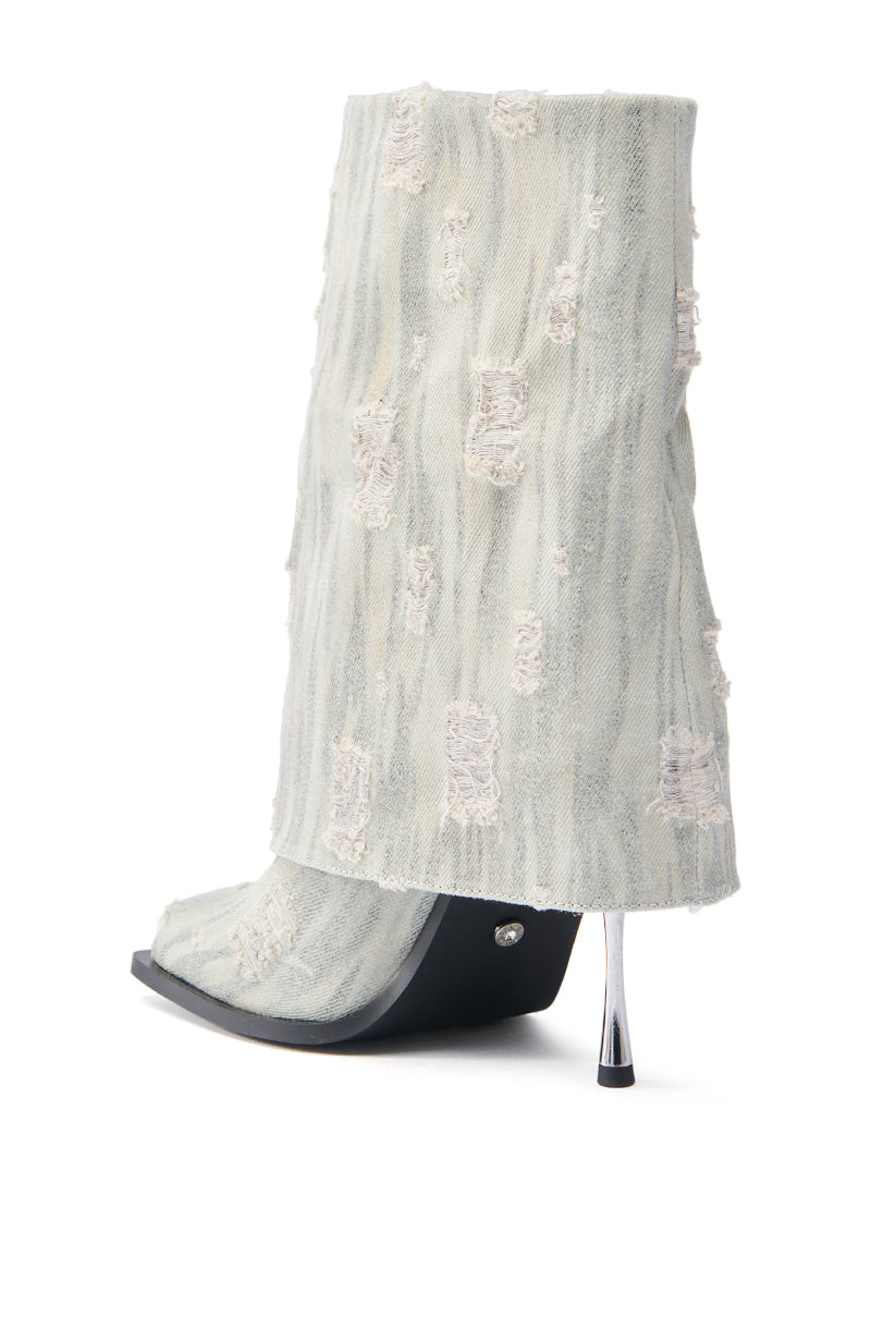 Chic Light Wash Blue Gray Distressed Denim Stiletto Heel Mid Calf Boots