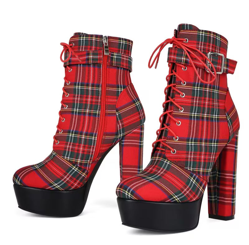 Scottish Inspired Red Stewart Tartan Plaid Round Toe Platform Combat Ankle Boots