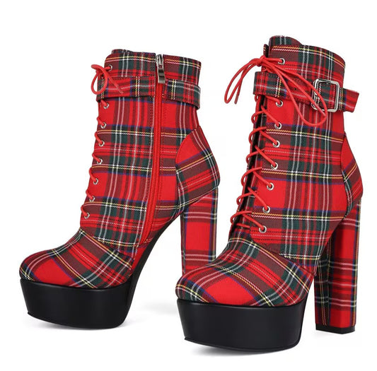 Scottish Inspired Red Stewart Tartan Plaid Round Toe Platform Combat Ankle Boots