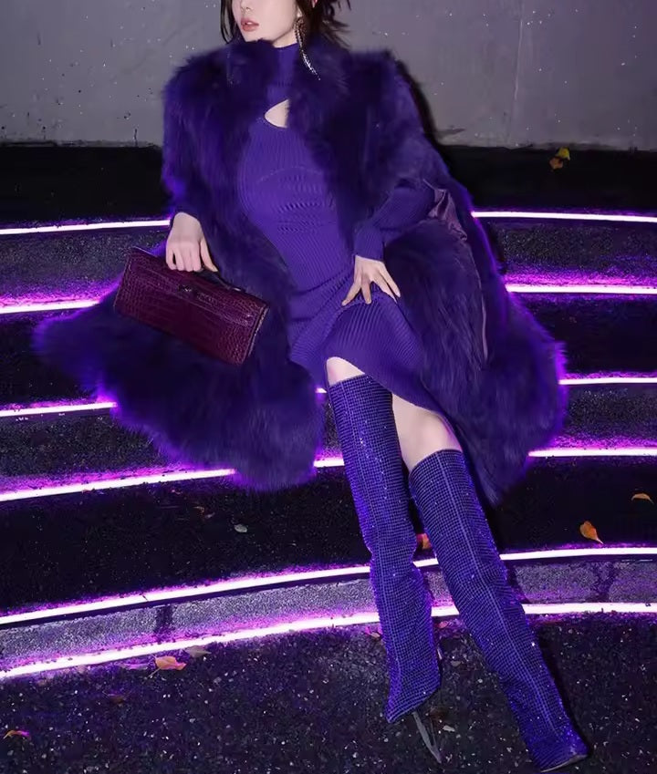Luxe Royal Purple Sparkly Rhinestone Crystal Knee Boots