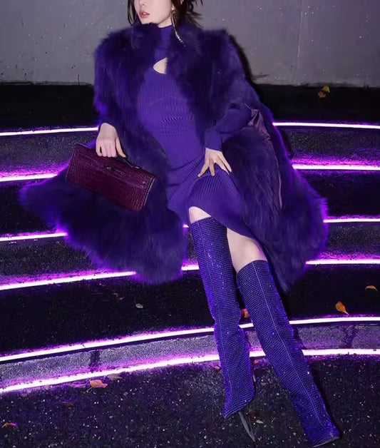 Luxe Royal Purple Sparkly Rhinestone Crystal Knee Boots