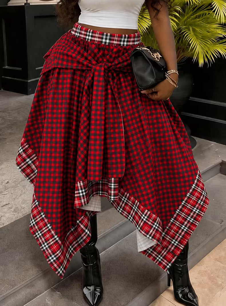 Grunge Goth Red & Black Plaid Asymmetrical Handkerchief Midi Maxi Skirt