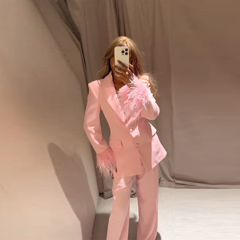 Beautiful Baby Pink Feather Cuff Blazer Jacket & Pants Suit Set
