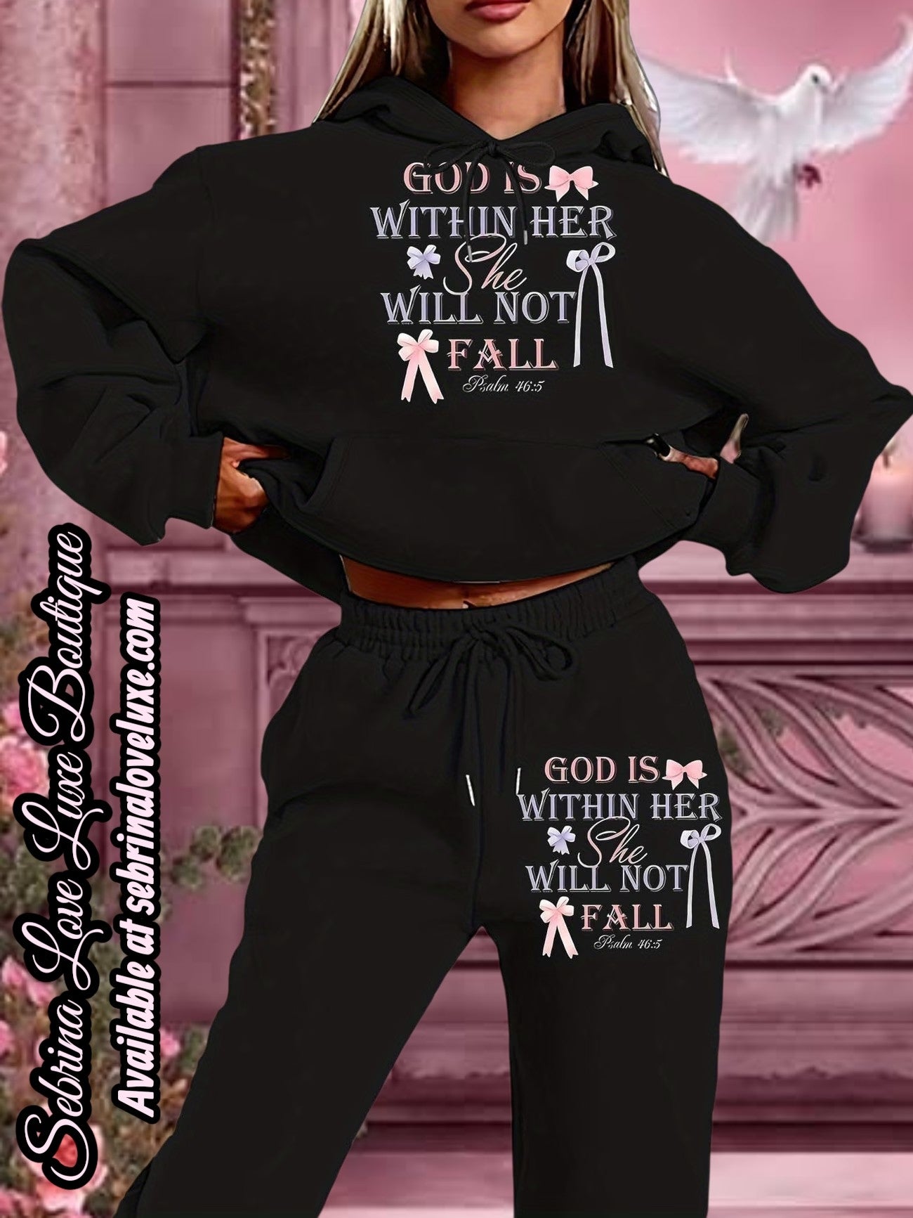 "JESUS IS WITHIN HER, SHE WILL NOT FALL" 2pc Graphic Scripture Hoodie & Jogger Set
