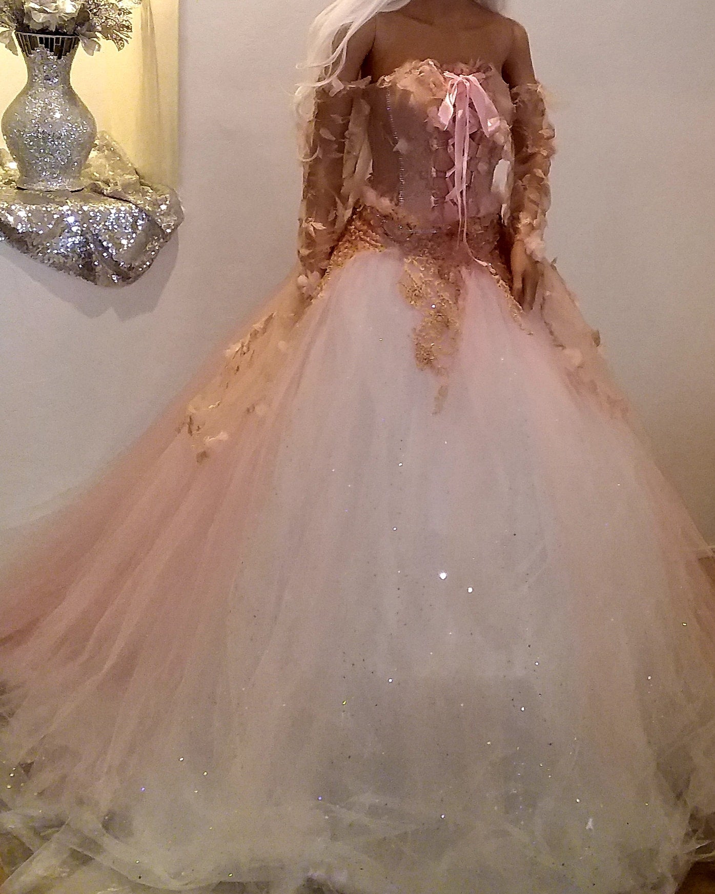 "CAROLINE" Boho Blush Lace & White Tulle Wedding Ballgown Set