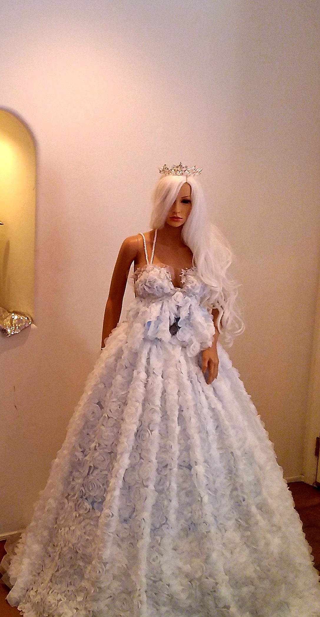 "BROOKLYN" White 3D Chiffon Rosette Blue Lace Wedding Ballgown Set