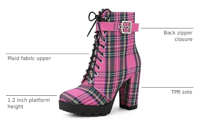 Collegecore Pink Tartan Plaid Round Toe Platform Combat Ankle Boots