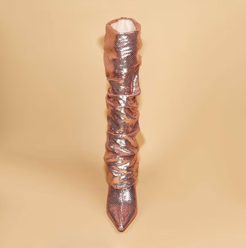 Sexy Metallic Rose Gold Sparkly Slouchy Knee Boots